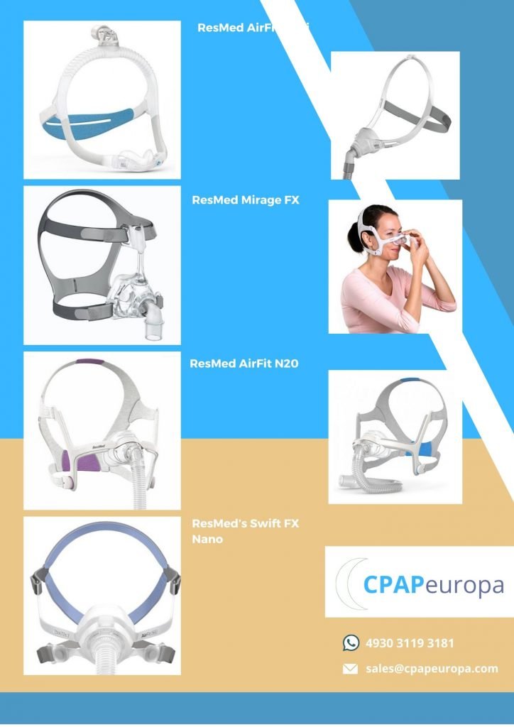 Nasal masks and woman who tries cpap nasal mask on her face