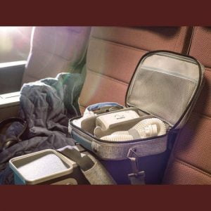Airmini travel CPAP premium carry bag holding sleep apnea accessories in it